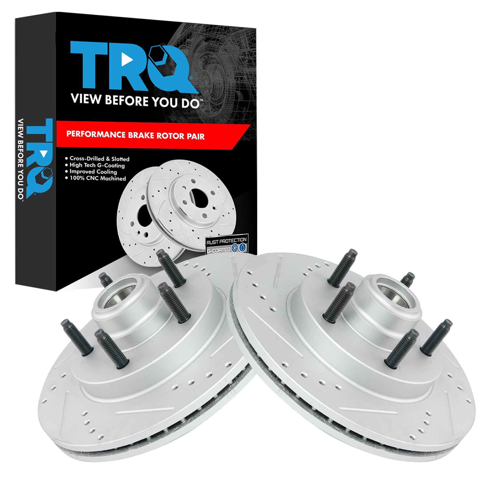 Trq Front Performance Brake Rotors Set Premium G-Coated Cross Drilled & Slotted Compatible With 2000-2004 Ford F-150 2004 F-150