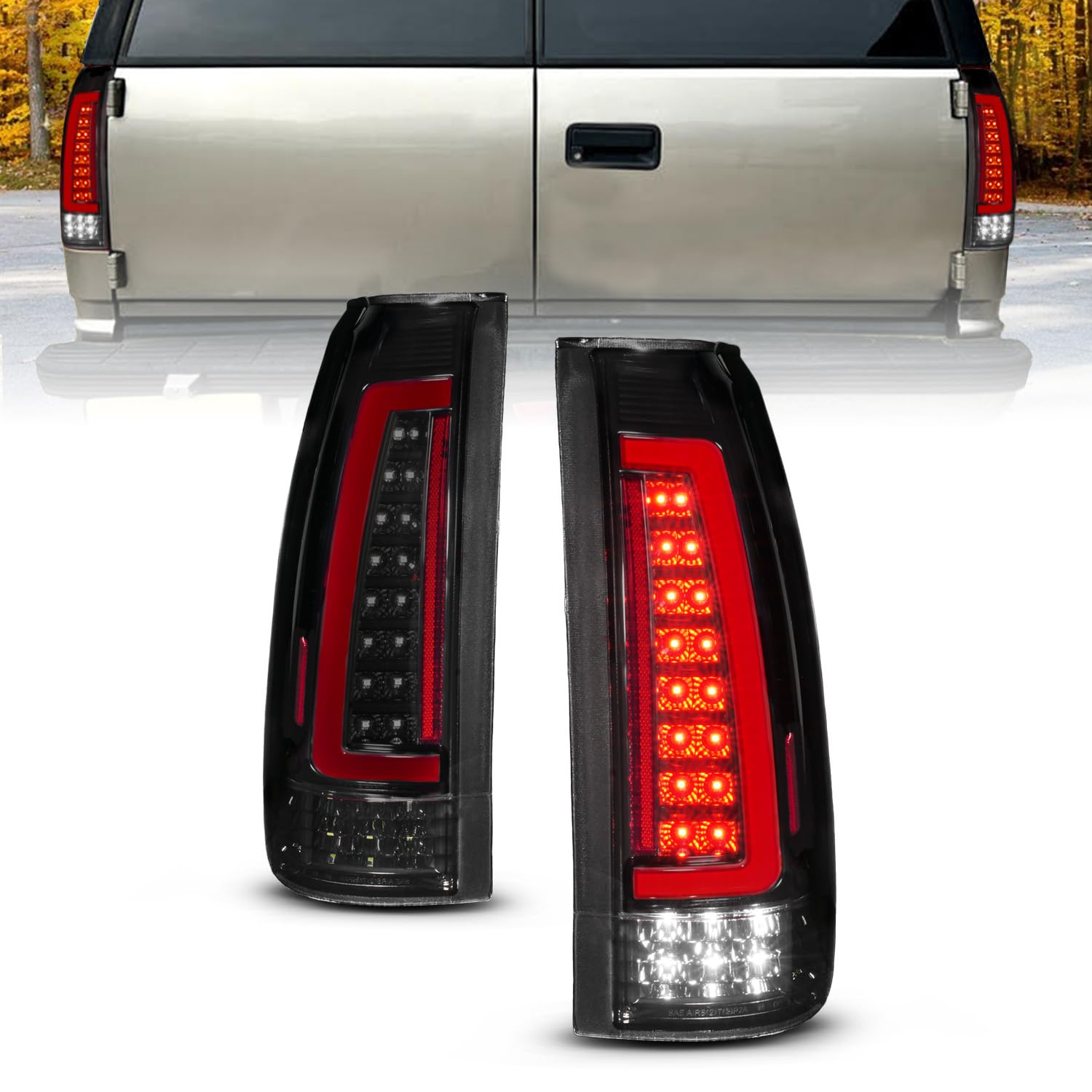 Amerilite For 1988-2000 Chevy Gmc C/K Truck Blazer Fullsize Tahoe Suburban Yukon Escalade [Full Led] C-Type Tube Dark Black Tail