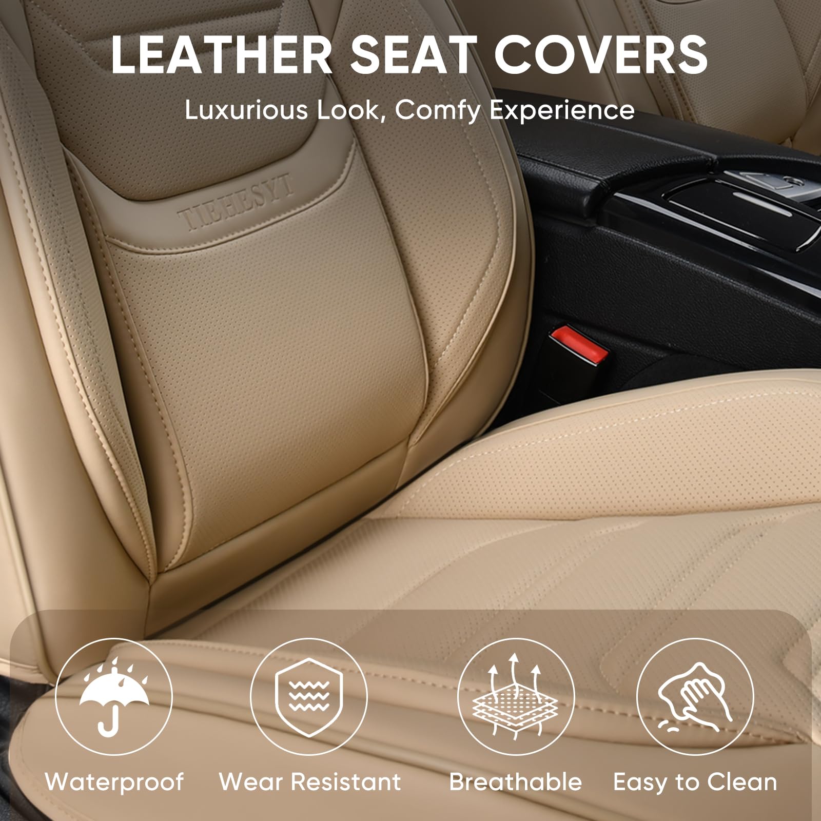 Tiehesyt Leather Seat Covers Front Pair With Lumbar Support And Headrest, Breathable And Waterproof Car Seat Cover, Universal Se