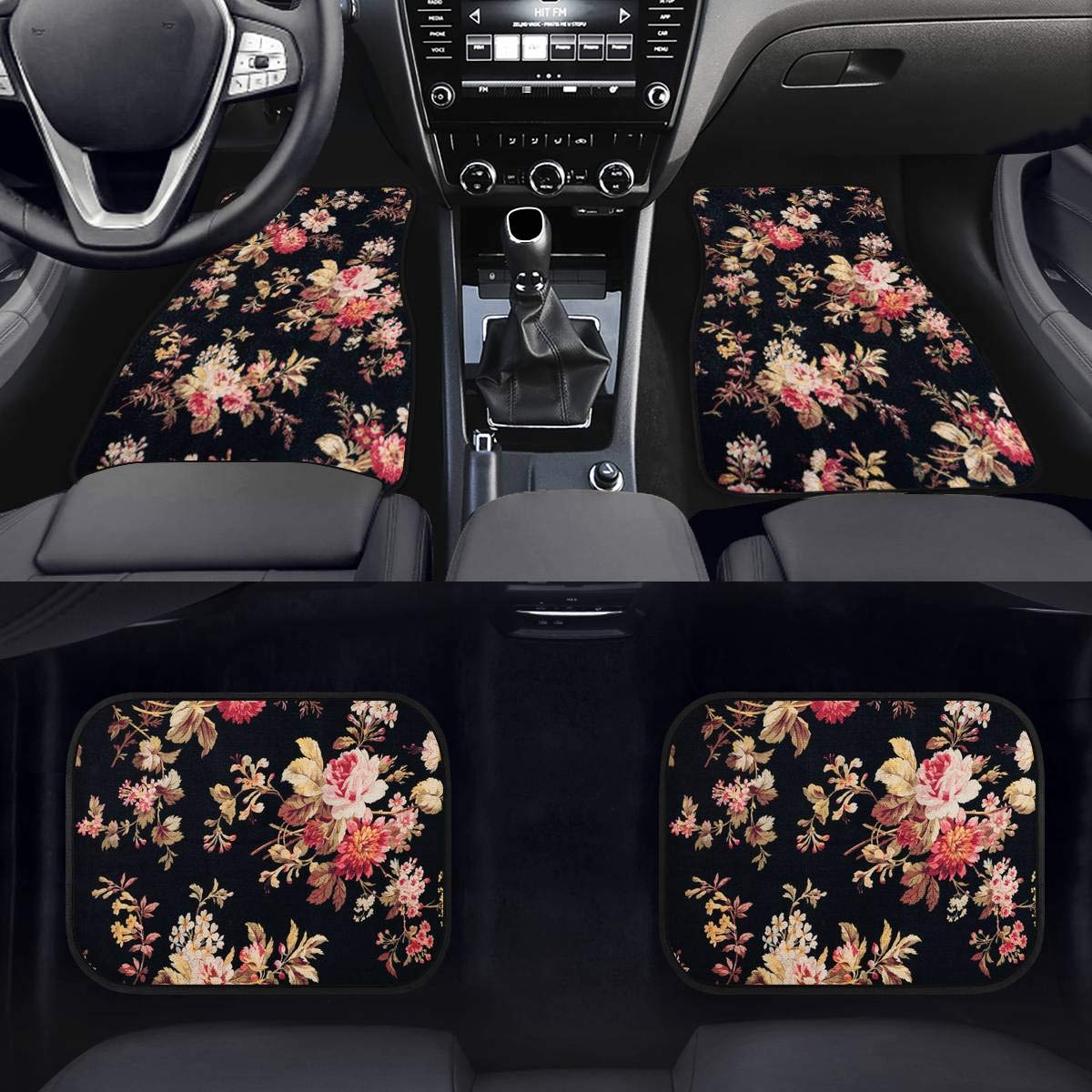 FUIBENG Art Flowers Pattern Car Floor Mats Front Rear Premium Carpets Mat, Set of 4 Floral Auto Foot Mats Universal Fit Vehicles