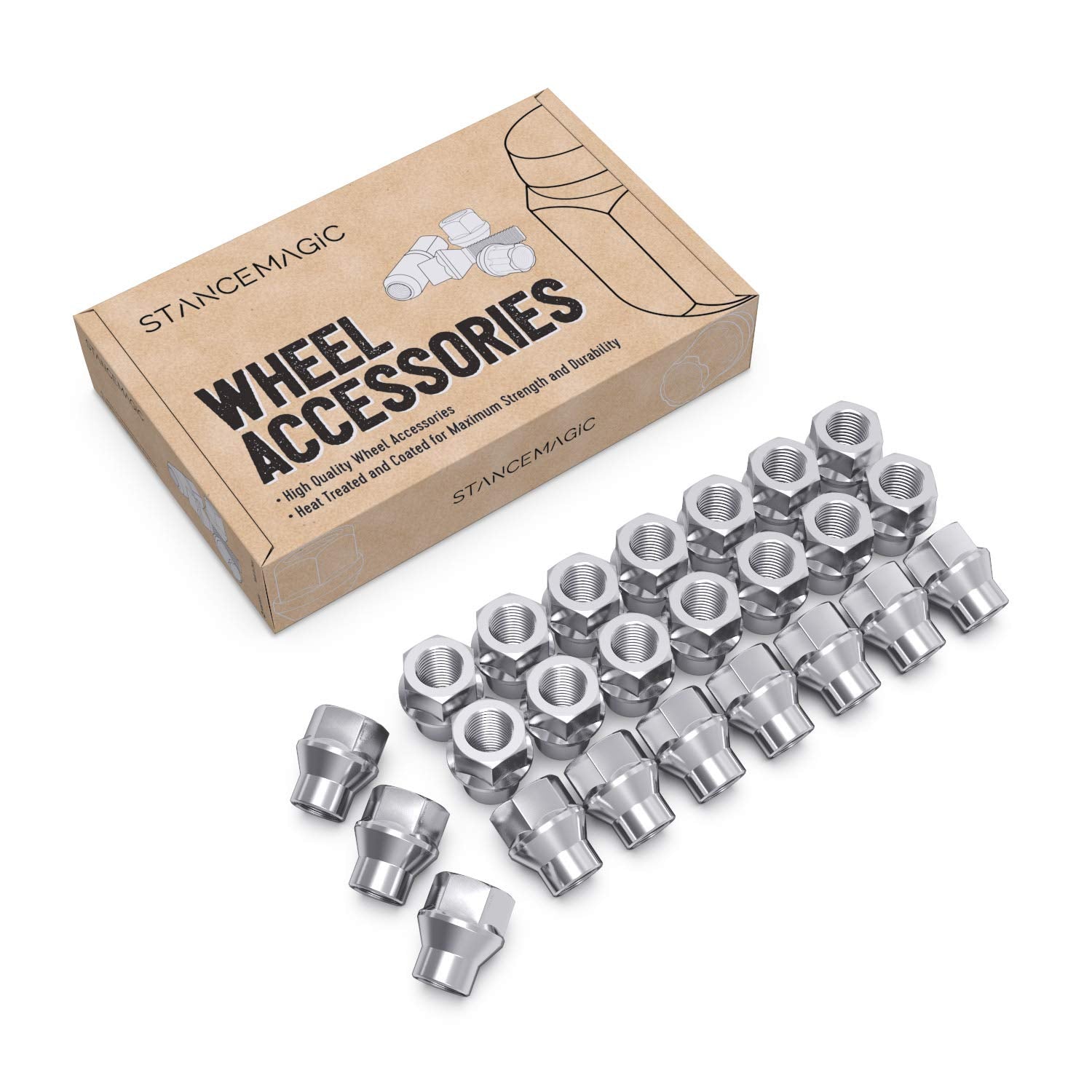 24pcs Chrome Silver Open ET Lug Nuts - Metric 12x1.5 Thread Size - 1 inch Length - Extended Threads - Cone Conical Taper Seat Sh