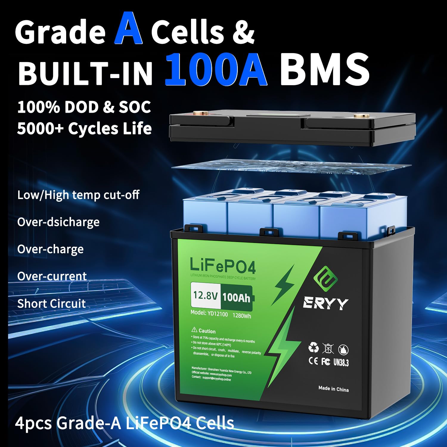 Eryy 12V 100Ah Lifepo4 Battery, High Density 100Ah Lithium Battery 12V With 100A Bms, Voltmeter, 5000+ Rechargeable Deep Cycle M