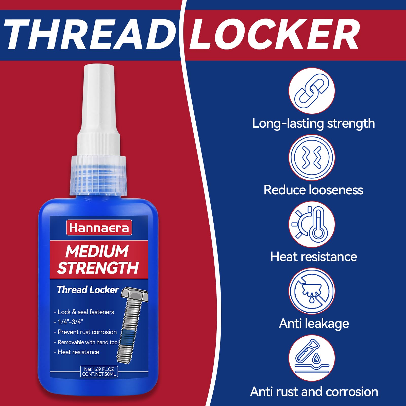 Thread Lock Blue And Red, Threadlocker Removable & Permanent, Thread Locker For Nuts, Bolts, Fasteners And Metals, Against Losen