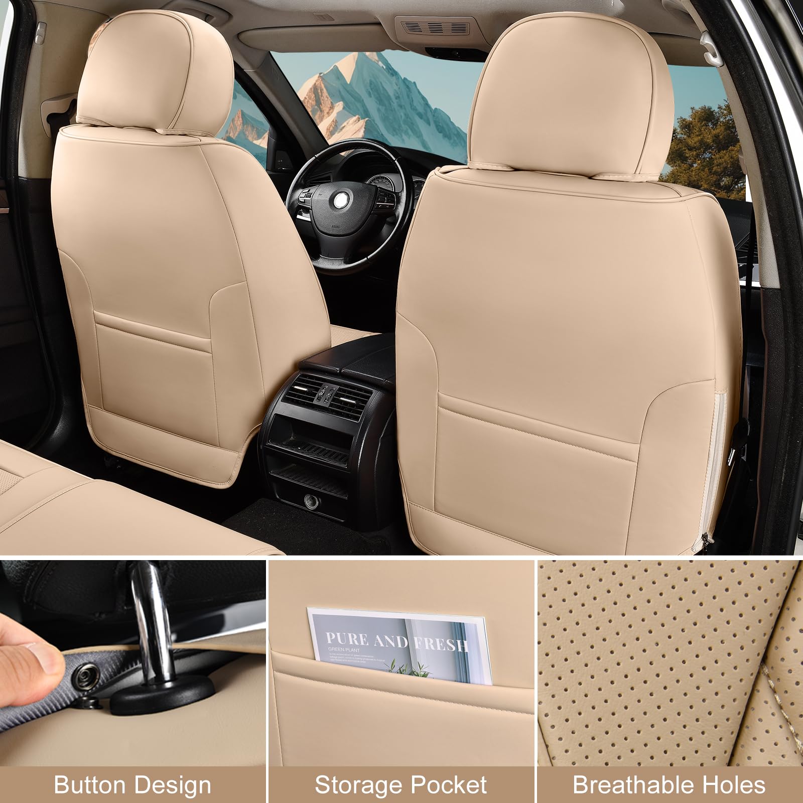 Tiehesyt Leather Seat Covers Front Pair With Lumbar Support And Headrest, Breathable And Waterproof Car Seat Cover, Universal Se