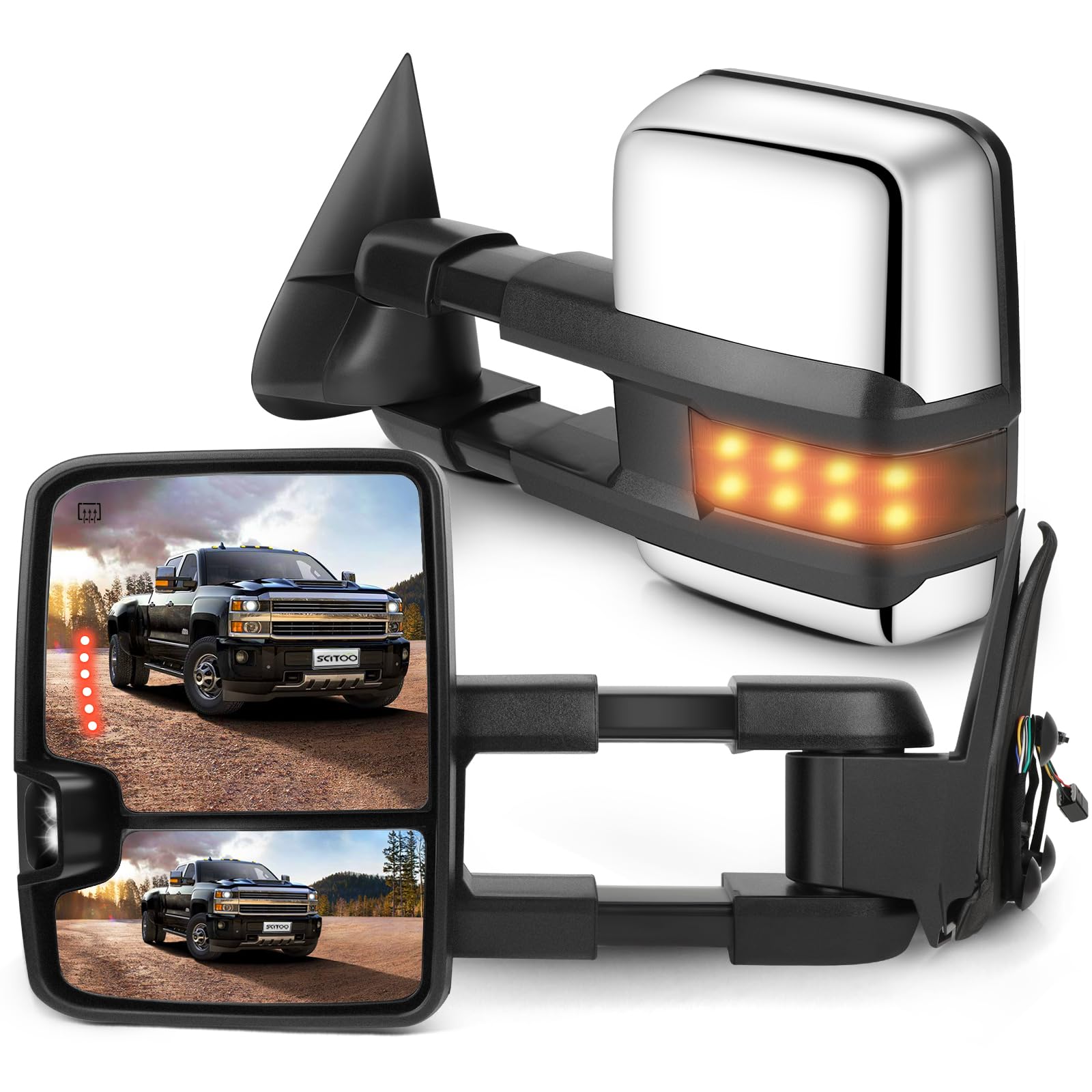 Scitoo Power Heated Chrome Towing Mirrors Led Signal Light Fit 1999-2002 For Silverado/For Sierra Side Mirror Pair Set
