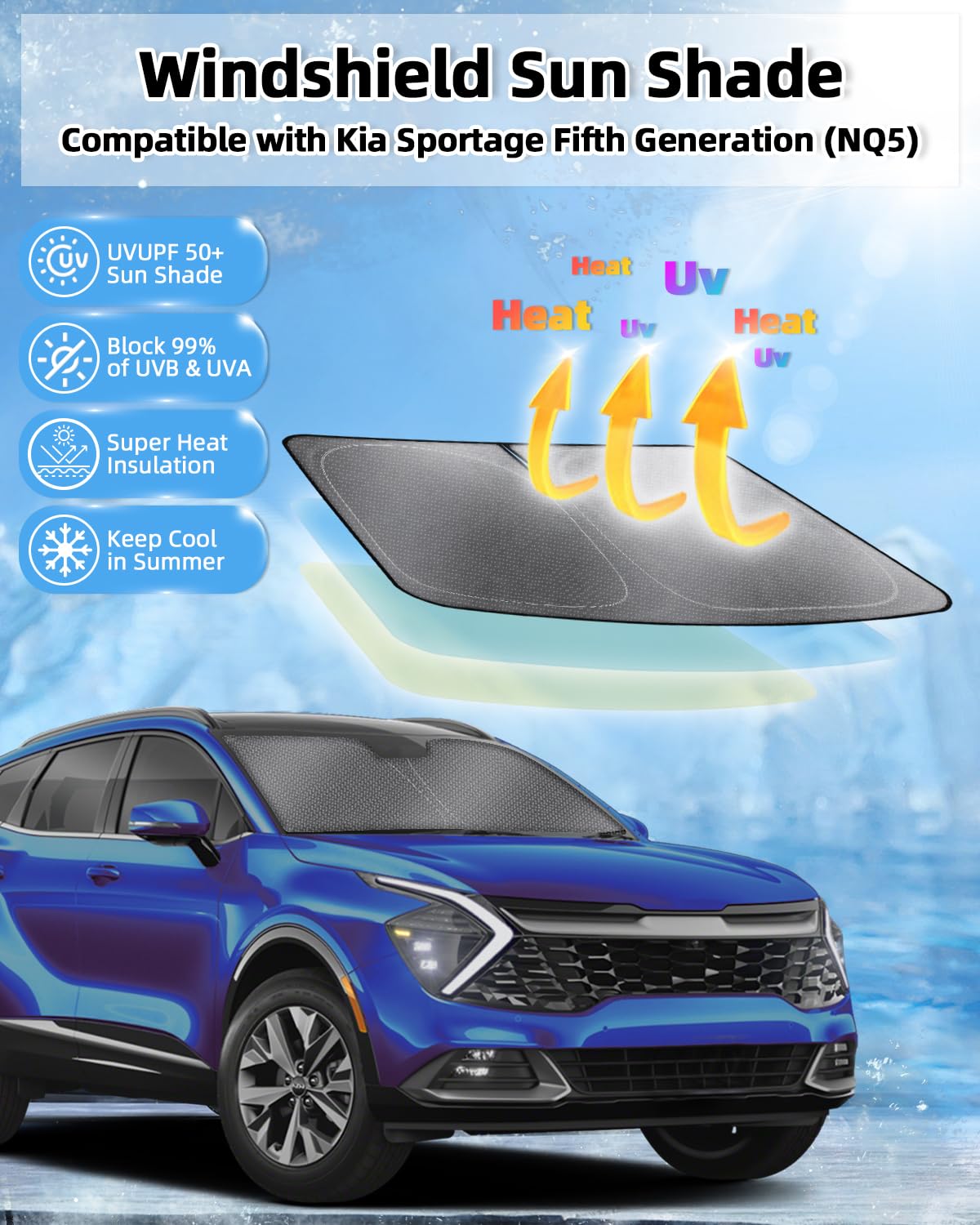Mixsuper Liner Windshield Sun Shade for 2023-2026 Kia Sportage - Silver Foldable UV Heat Blocker Front Window Cover