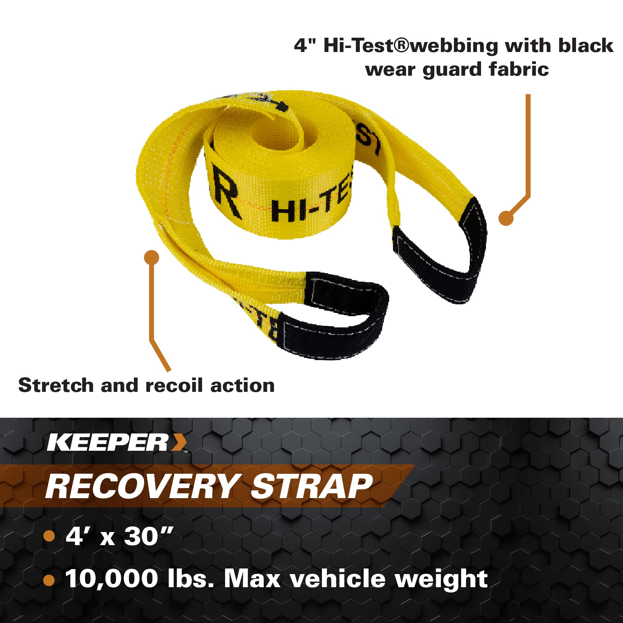 Keeper - 4'' X 30 Emergency Vehicle Towing And Recovery Strap - 10,000 Lbs. Max Vehicle Weight And 20,000 Lbs. Break Strength