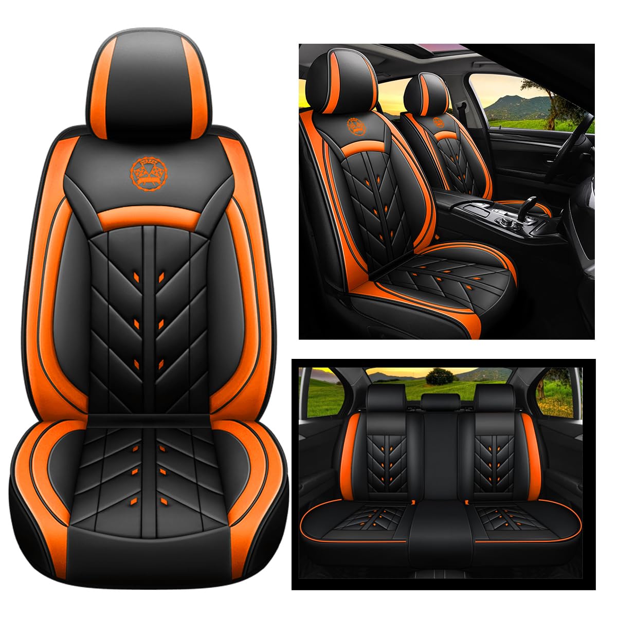 YXQYOEOSO Comfortable Leather Auto Car Seat Covers 5 Seats Full Set Universal Fit (Black & Orange)
