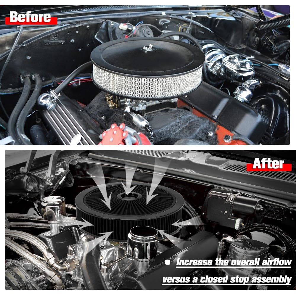 PTNHZ 14x3 Round Air Cleaner Filter Assembly w/Flow-Thru Lid Caburetor High Flow Compatible with Chevrolet GMC Ford Black