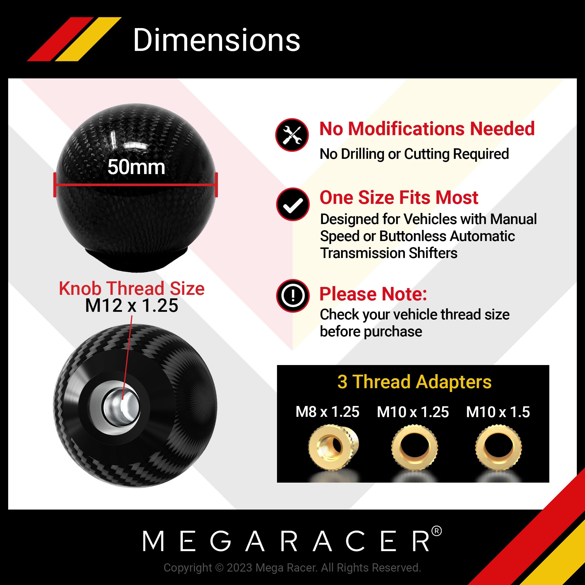 Mega Racer Black Carbon Fiber Shift Knob - Round Ball Gear Shifter for Buttonless Automatic and 4, 5, 6 Speed Manual Transmissio