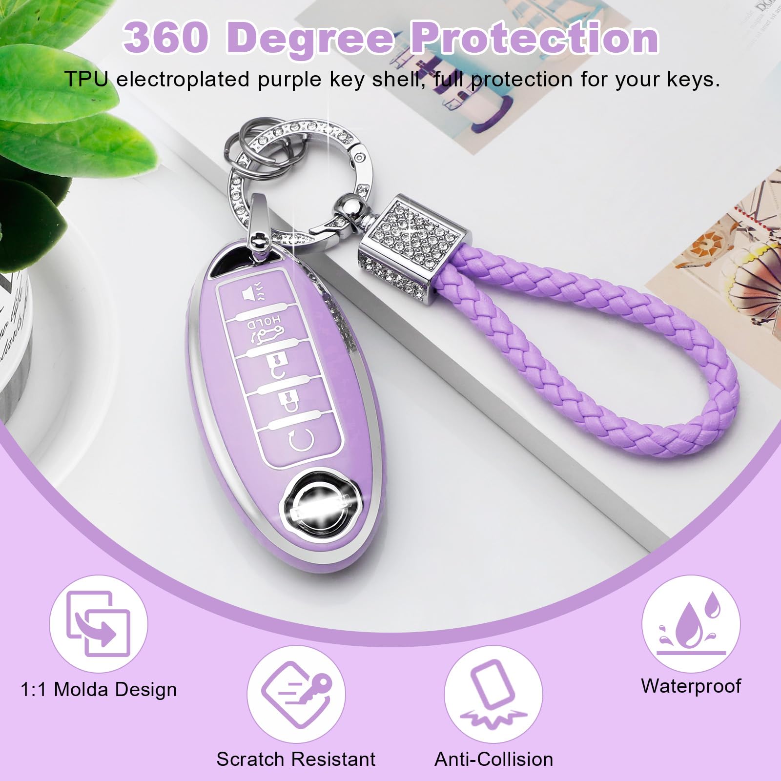 Pifoog Key Fob Cover For Nissan 5 Button Purple With Bling Keychain Girly Car Keys Case Shell Full Covers Protector Accessories