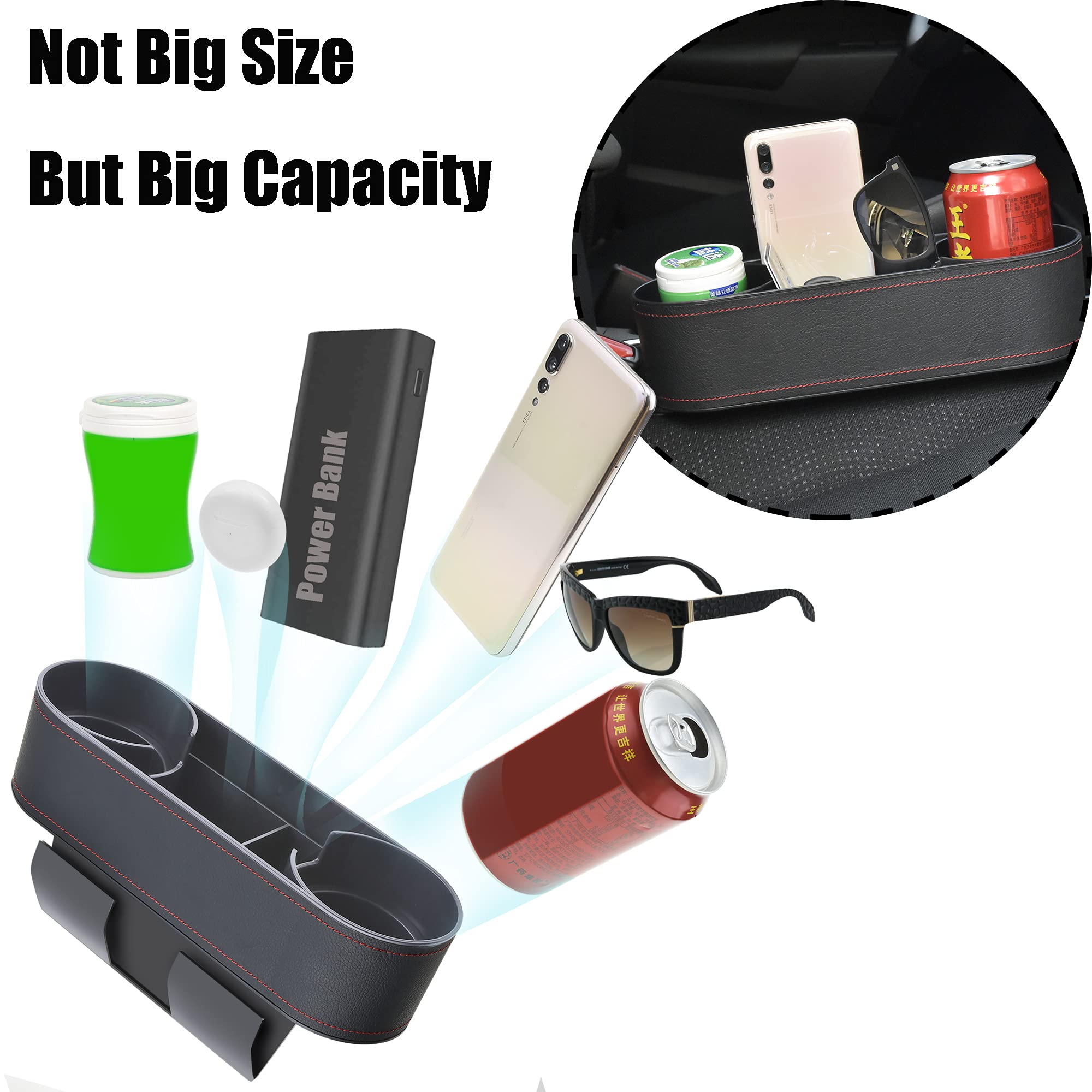 Universal Car Cup Holder & Console Organizer With Premium Leather Accent - Dual Cup Storage, Mobile Phone & Coin Pocket, Extra V