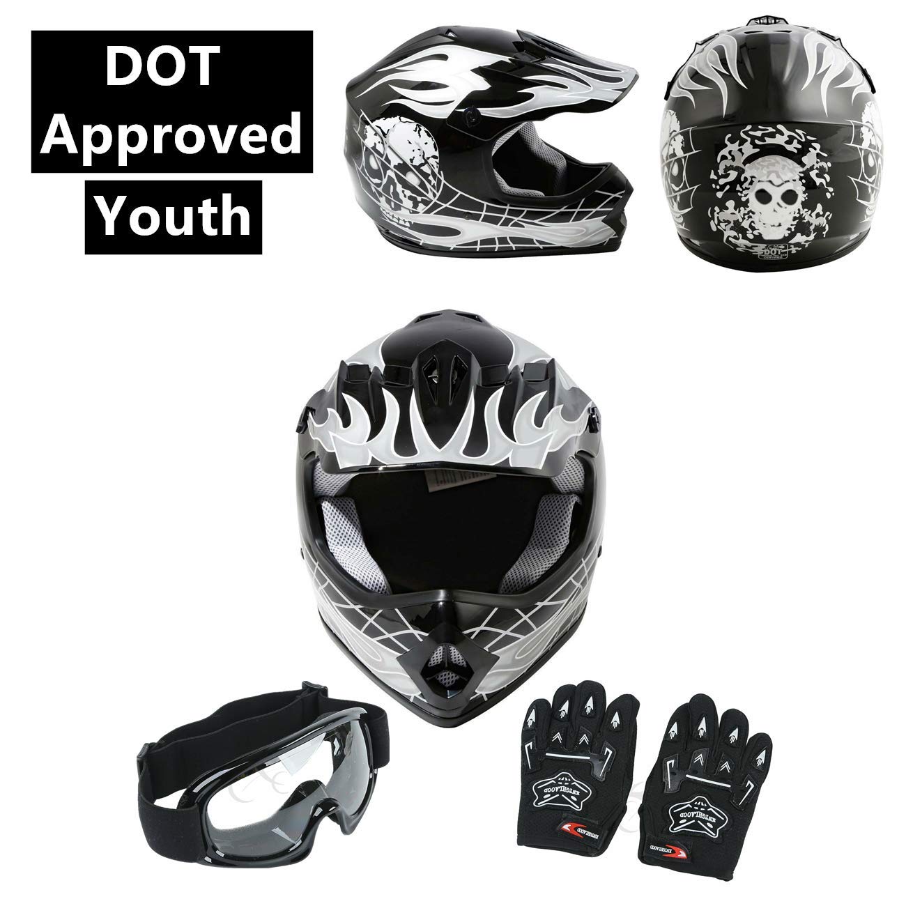 Slmoto Dot Youth Kids Helmet Motocross Offroad Street Helmet Motorcycle Helmet Dirt Bike Motocross Atv Black Skull Design Helmet+Goggles+Gloves Medium Large