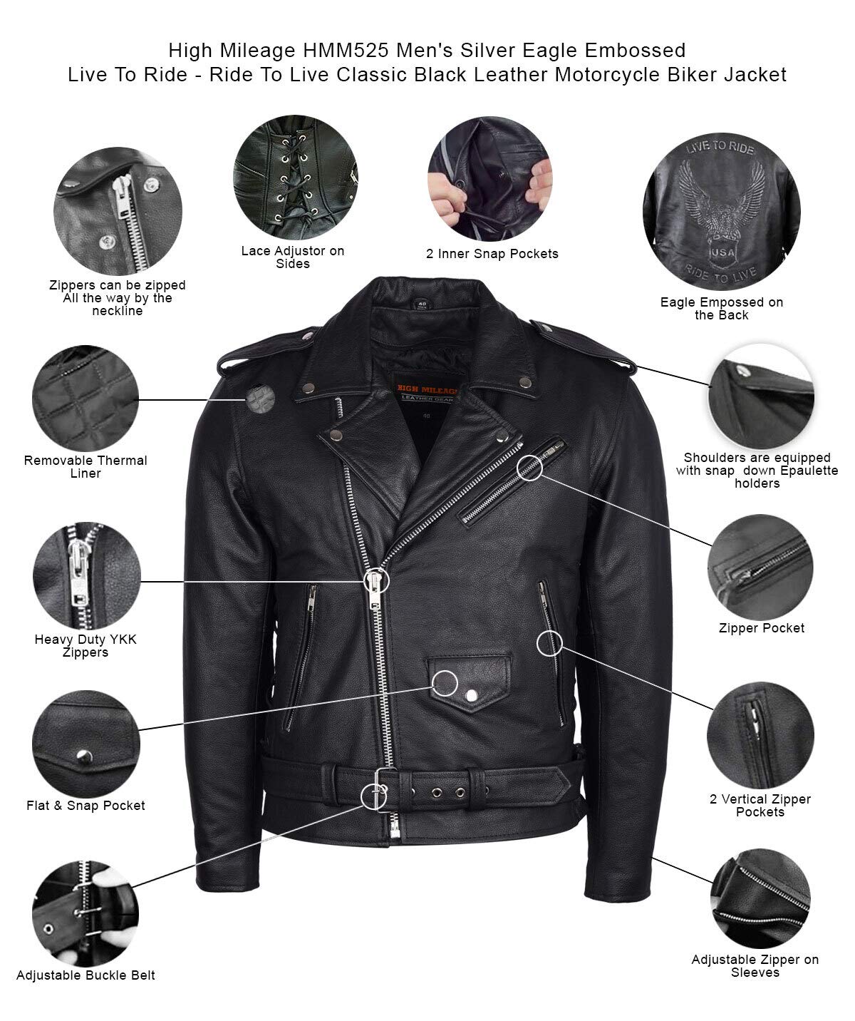 Men'S Eagle Embossed Live To Ride - Ride To Live Classic Black Leather Motorcycle Biker Jacket (5Xl, Gold)