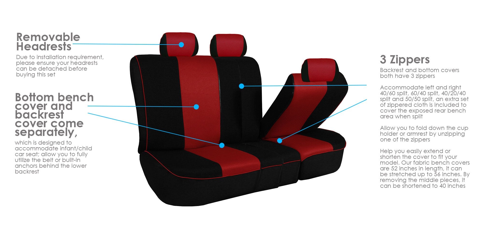 FH Group Car Seat Covers Three Row 7 Seater Cloth Car Seat Covers with Piping (Airbag and Split Ready) - Universal Fit for Cars Trucks & SUVs Red/Black