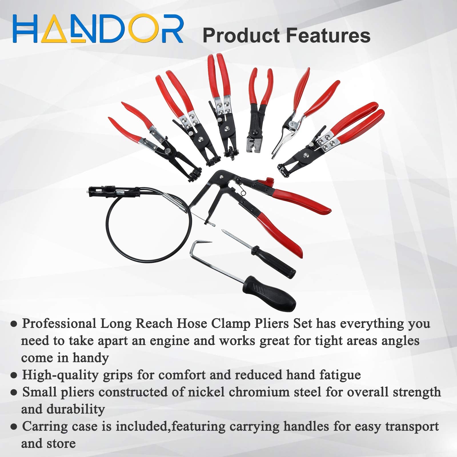 Handor 9pcs Hose Clamp Pliers Set - Long Reach Tools for Fuel, Oil, Water Hoses - Ideal for Automotive Coolant Radiator & Heater Clamps
