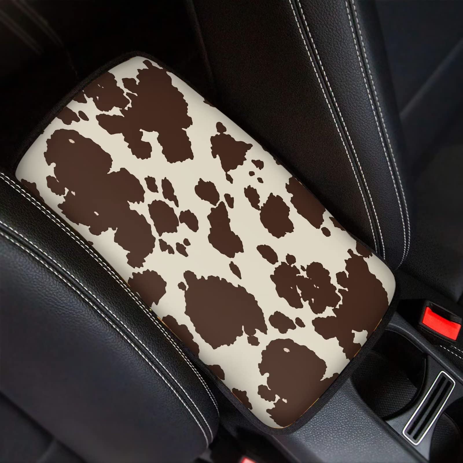 Dreaweet Brown Cow Print Auto Center Console Pad, Breathable Car Armrest Seat Box Cover Protector Universal Fit Cushion for Most