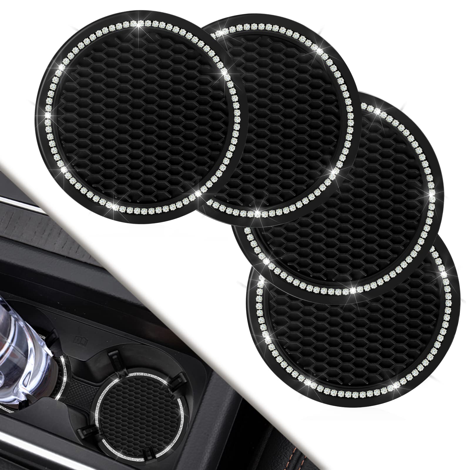 Car Coasters, 4 Pack Universal Vehicle Bling Car Coaster, Cocases Crystal Rhinestone Coaster For Cup Holders, Car Interior Accessories 2.75'' Silicone Anti Slip Car Coasters For Women ( Black )