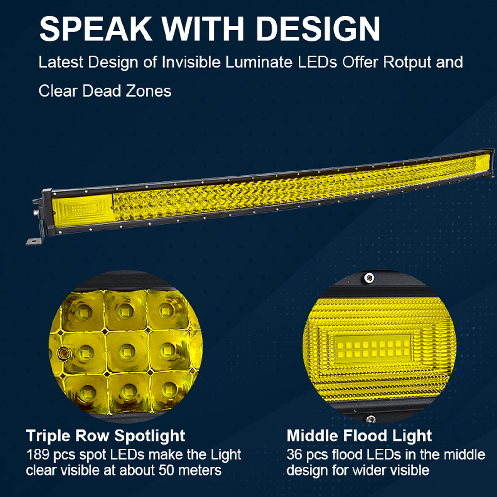 Rigidon 52 Inch 675W Curved Amber Led Light Bar, Triple Row Flood Spot Combo 67500Lm Light Bar Waterproof Driving Boat Offroad Led Work Light For Atv Utv Truck Roof Bumper