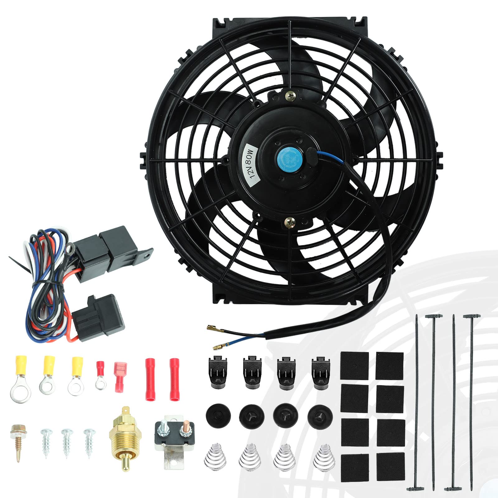10'' Universal Slim Fan Push Pull Electric Radiator 12V 80W High Performance Cooling Fan With Thermostat Wiring Switch Relay Mou