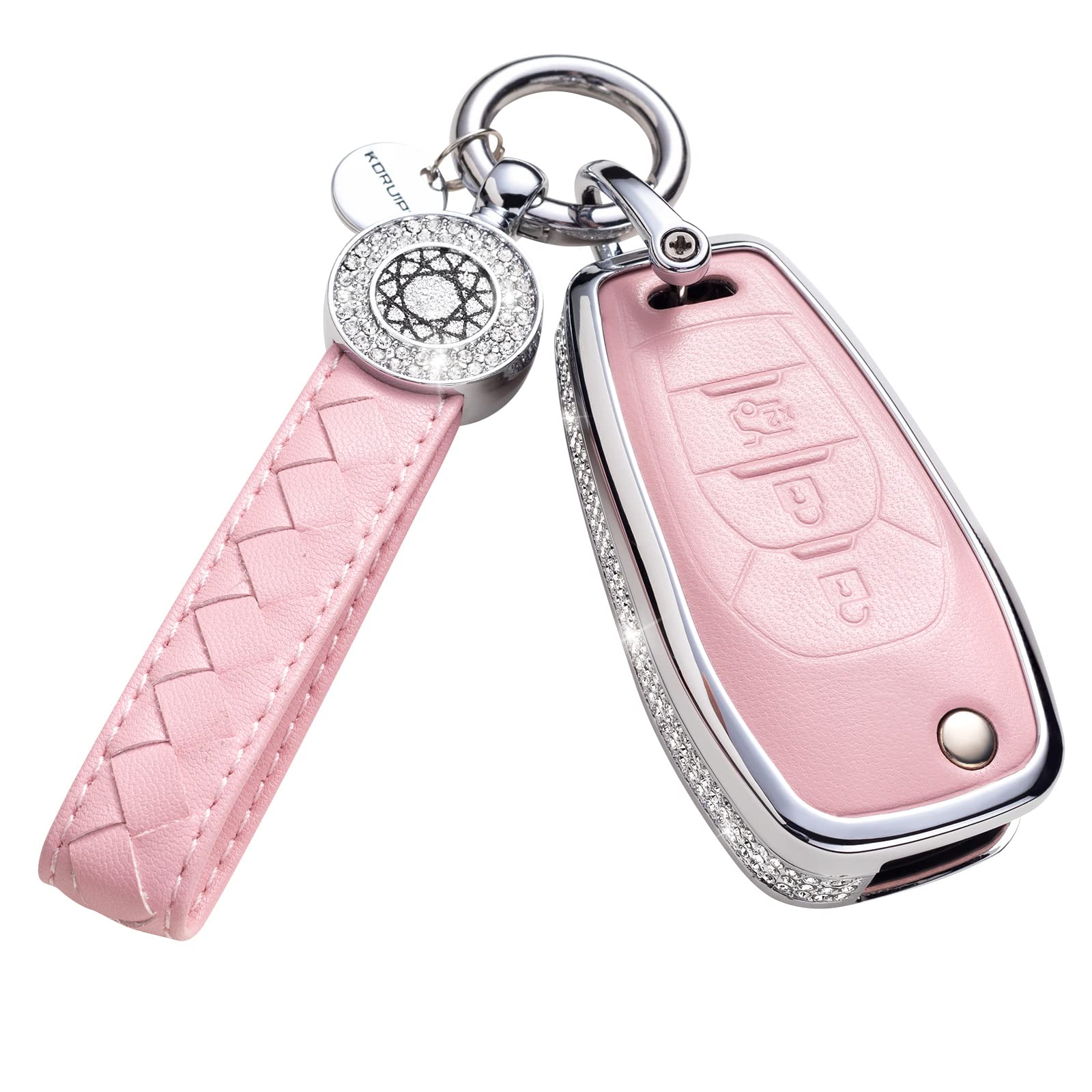 Ruabiban For Chevy Key Fob Cover With Keychain, Pink Genuine Leather Crystal Key Case Protection Shell Compatible With Chevrolet