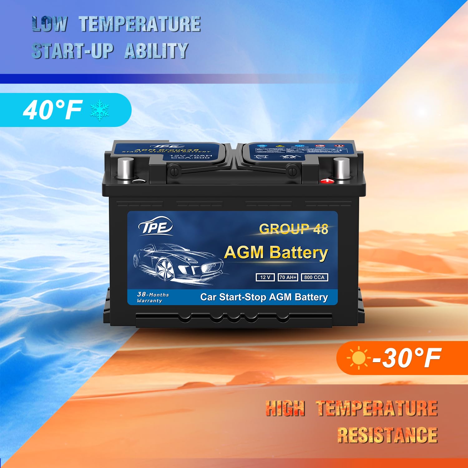 TPE AGM Battery BCI Group 48, Maintenance Free 12V 70Ah, H6 Size, 120RC, 800CCA, Automotive Battery, Reliable Performance for Ca