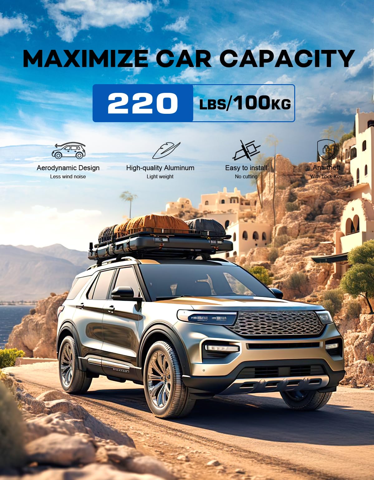 Wonderdriver Lockable Roof Rack Cross Bars 220lbs Compatible with Ford Explorer 2020 2021 2022 2023 2024 2025,Heavy Duty Aluminu