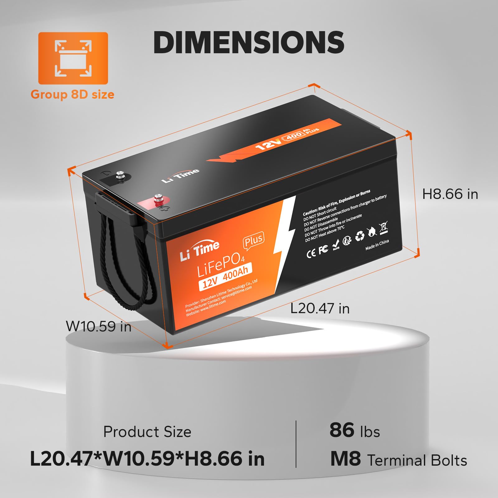 Litime 12V 400Ah Plus Lifepo4 Lithium Battery W/ 250A Bms, 5120Wh Energy, 3200W Max, 4000-15000 Cycles & 10-Year Lifetime, Load