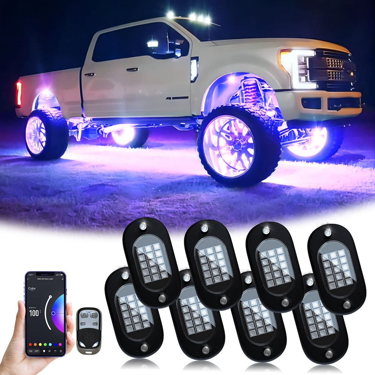 Yilaie Rock Lights For Trucks, 8 Pods Rgb Led Rock Lights With App/Remote Control & Music Mode, High Bright Multilcolor Waterpro