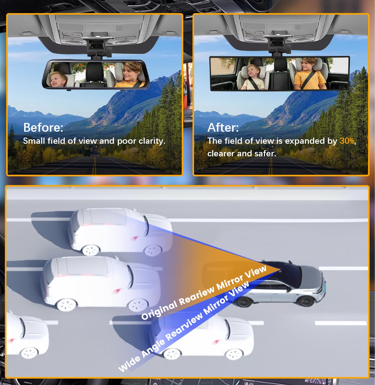 Hmmtyrack Rear View Mirror, Chrome Anti-Glare Panoramic Rear Mirrors Universal 12 Inch Convex Car Interior Clip On Extra Big Wid