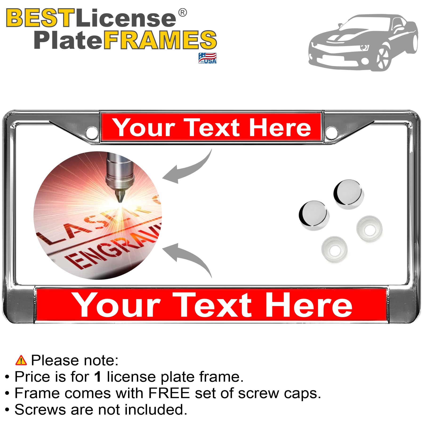 Custom Personalized Chrome-Plated Metal Laser Engraved Standard Size - Car/Automobile License Plate Frame with Free caps - Red/W