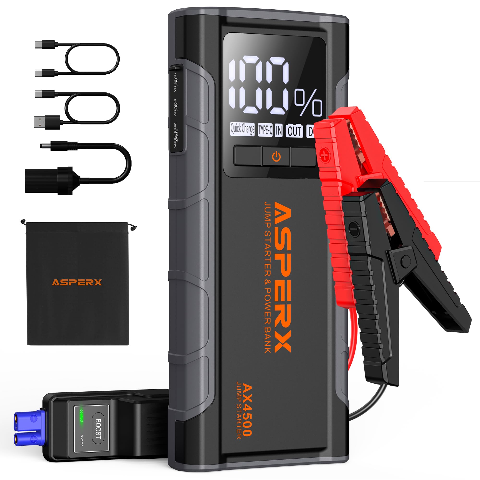 Asperx Ax4500 Jump Starter, 4500A Peak Car Jump Starter For Up To All Gas And 10.0L Diesel Engines, 12V Battery Starter With 4 I