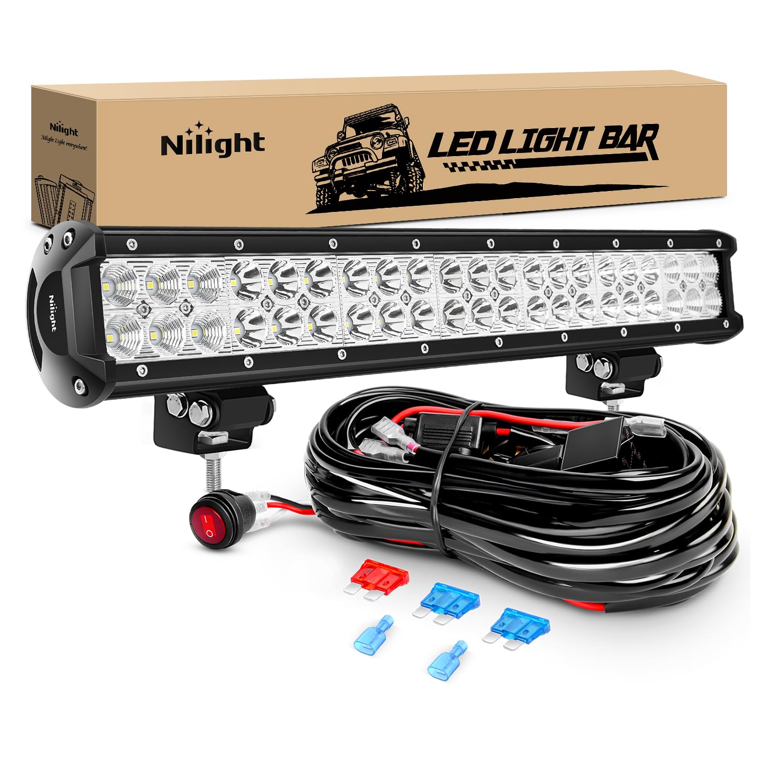 Nilight - Zh006 Led Light Bar 20 Inch 126W Spot Flood Combo Led Off Road Lights With 16Awg Wiring Harness Kit-One Lead, 2 Years