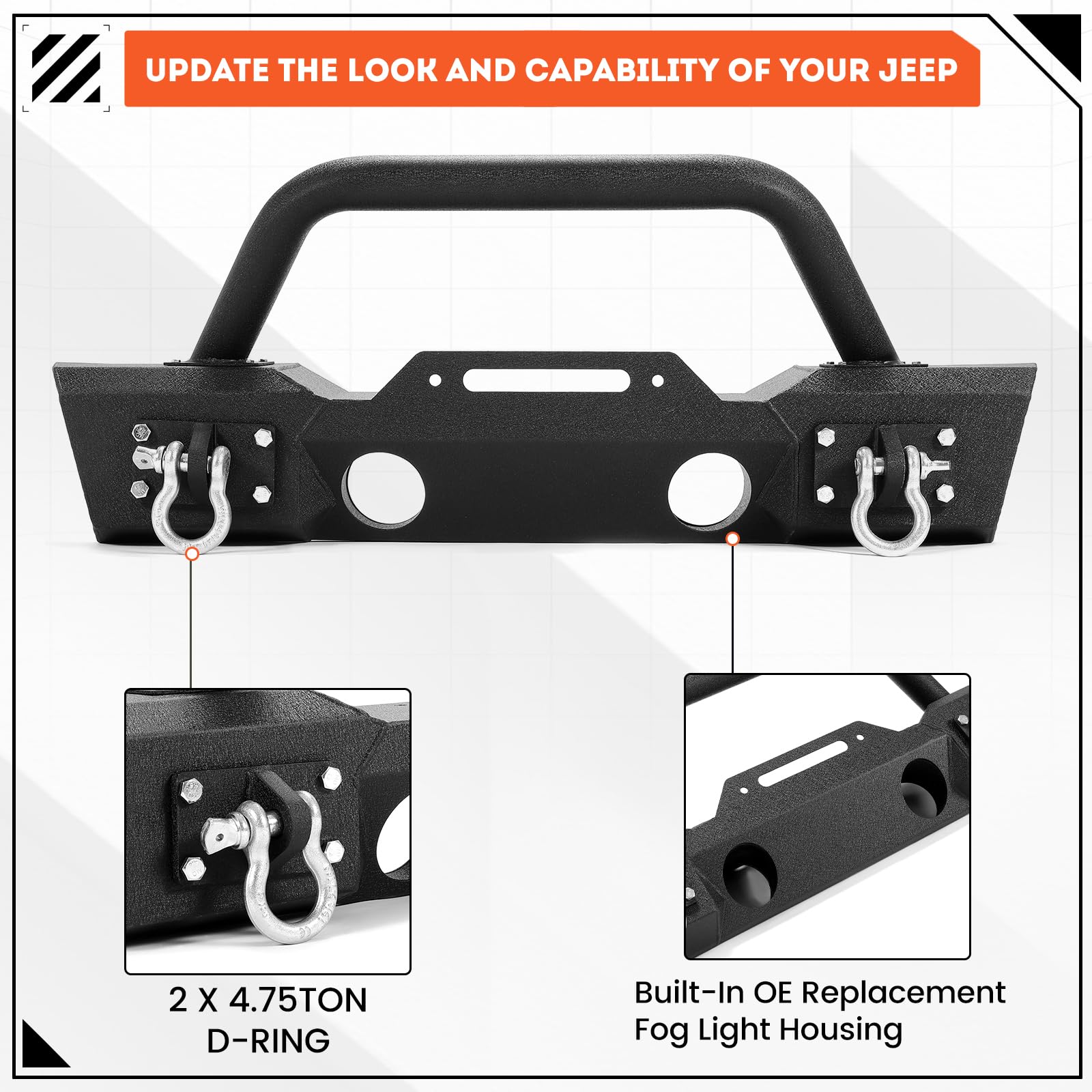 Ecotric Stubby Front Bumper Compatible With 2007-2024 Jeep Wrangler Jk Jl Gladiator Jt W/Fog Light Housing & D-Rings Steel Powde