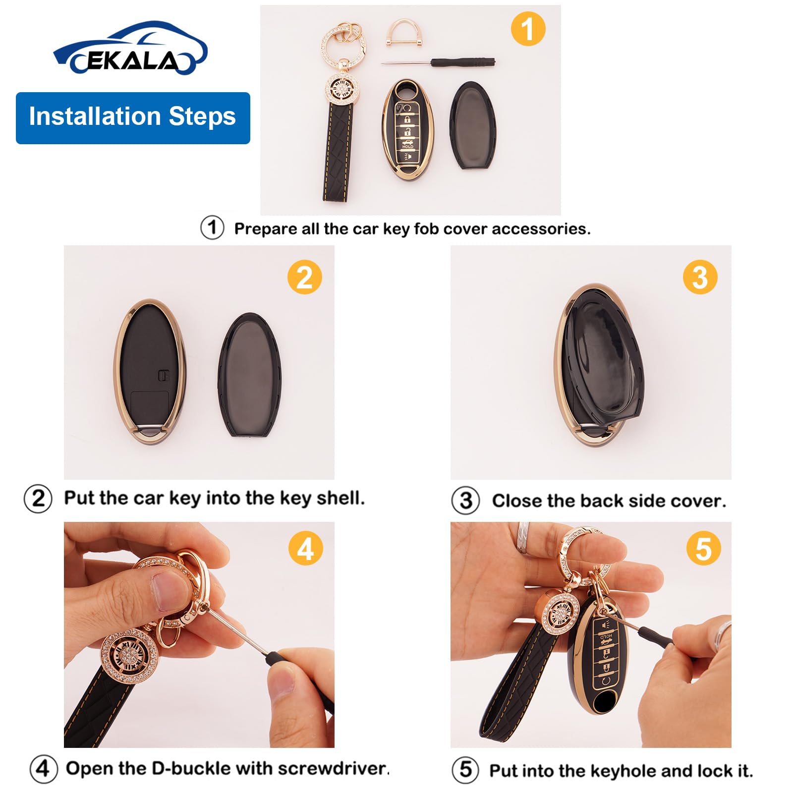 EKALA for Nissan Key Fob Cover 5 Buttons Soft TPU Full Covers Protection Key Case Shell with Leather Keychains Black Gold Fit fo