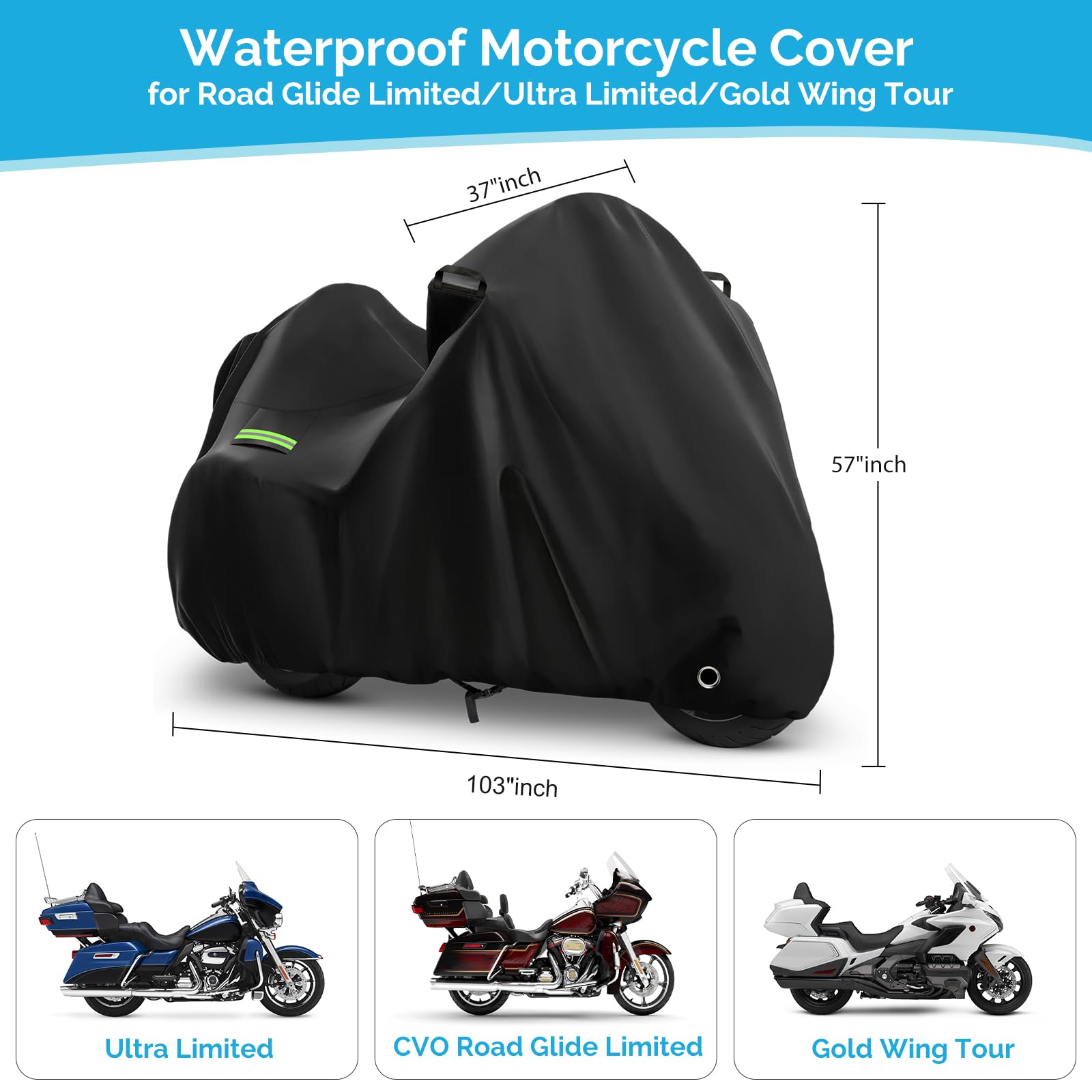 Motorcycle Cover for Touring Road Glide Limited/Ultra Limited/Gold Wing Tour/Indian Pursuit Limited, 210T Waterproof Sun UV Rain