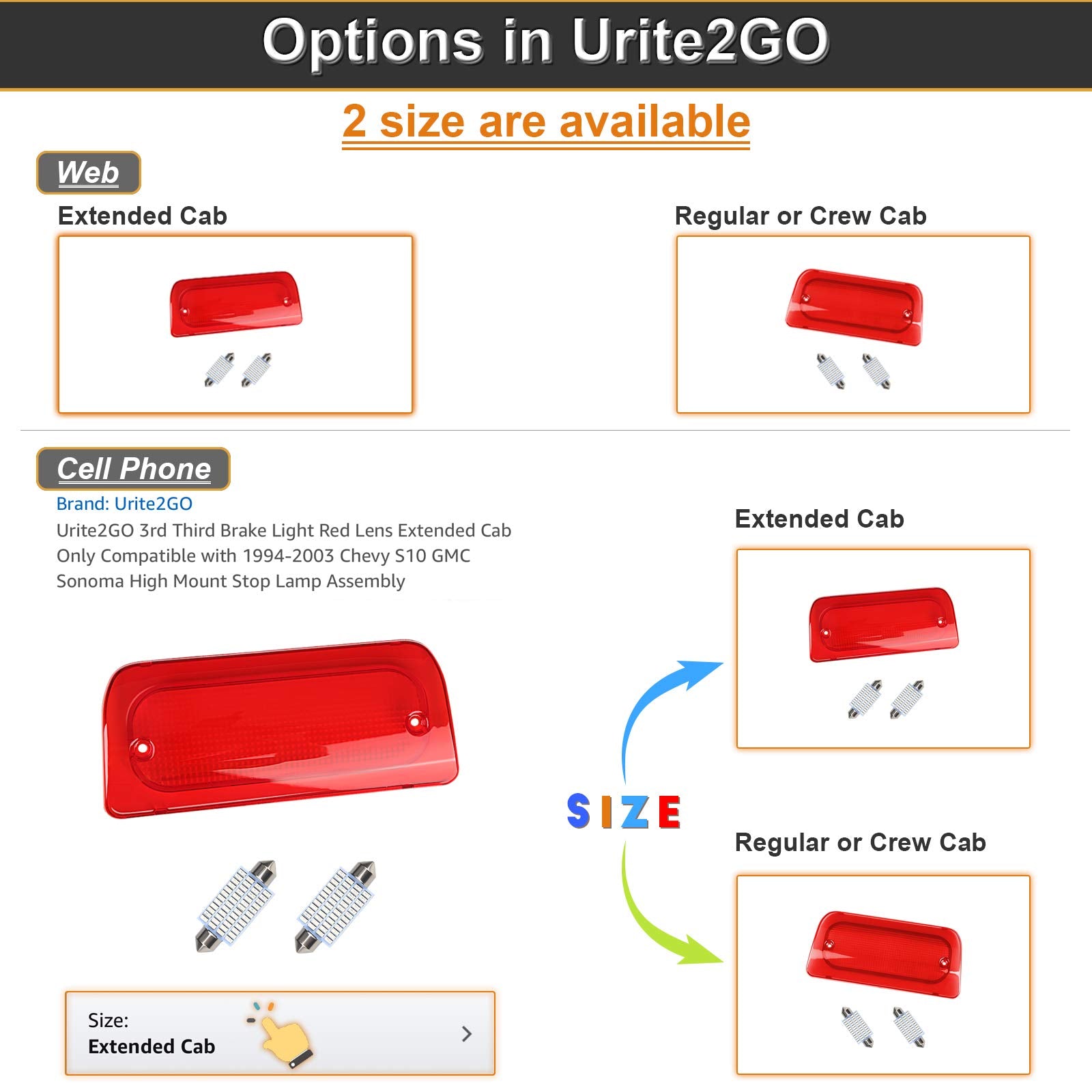 Urite2Go 3Rd Third Brake Light Red Lens Extended Cab Only Compatible With 1994-2003 Chevy S10 Gmc Sonoma High Mount Stop Lamp As