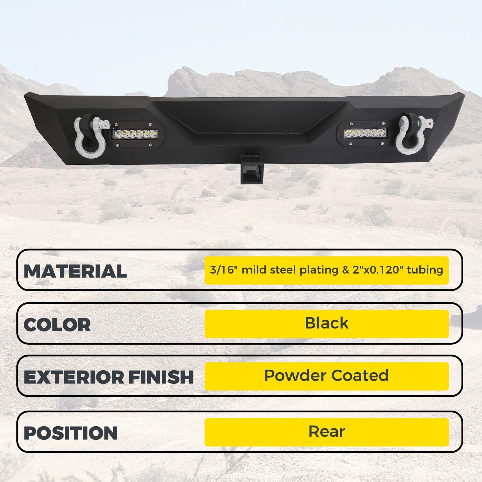 Kuafu Rear Bumper Compatible With 1987-2006 Jeep Wrangler Tj Yj With Led Lights 2 Hitch Receiver D-Rings Off-Road Style Black Texture