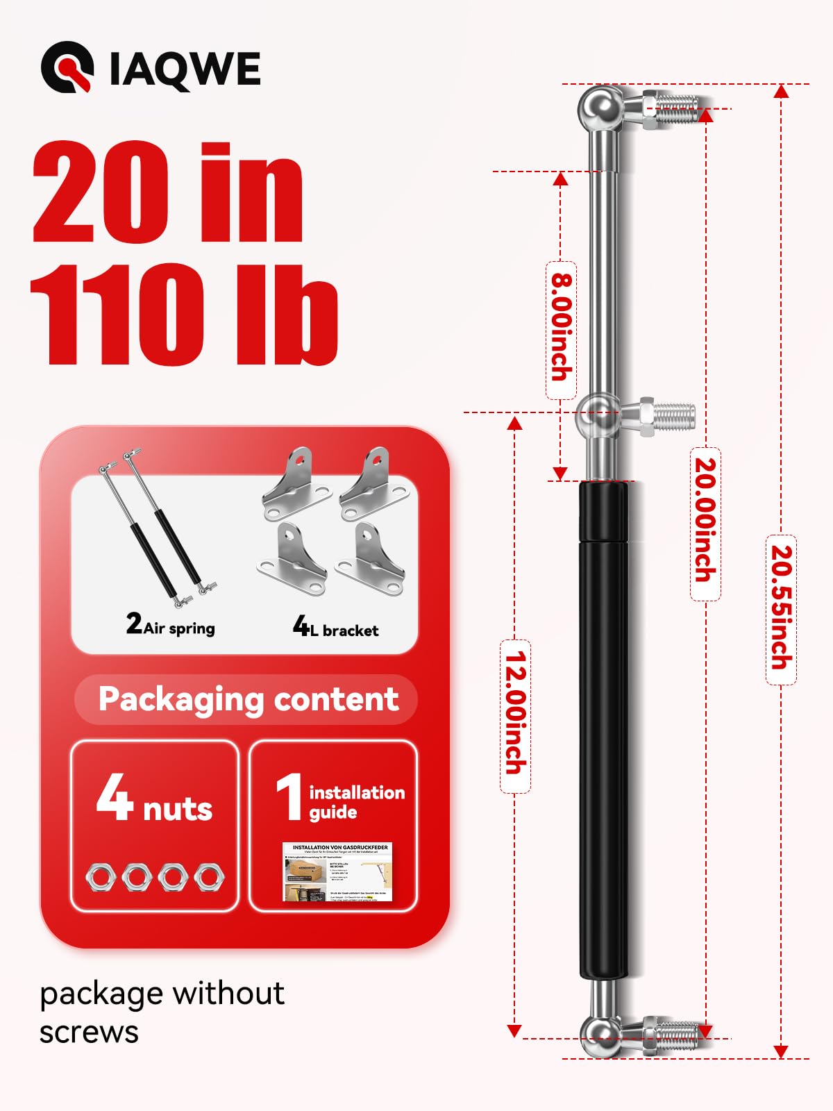 20Inch 110Lb/489N Gas Strut Spring Shock Lift Kit For Rv Queen Bed Door Outdoor Storage Bin Heavy Duty Murphy Truck Bed Canopy C