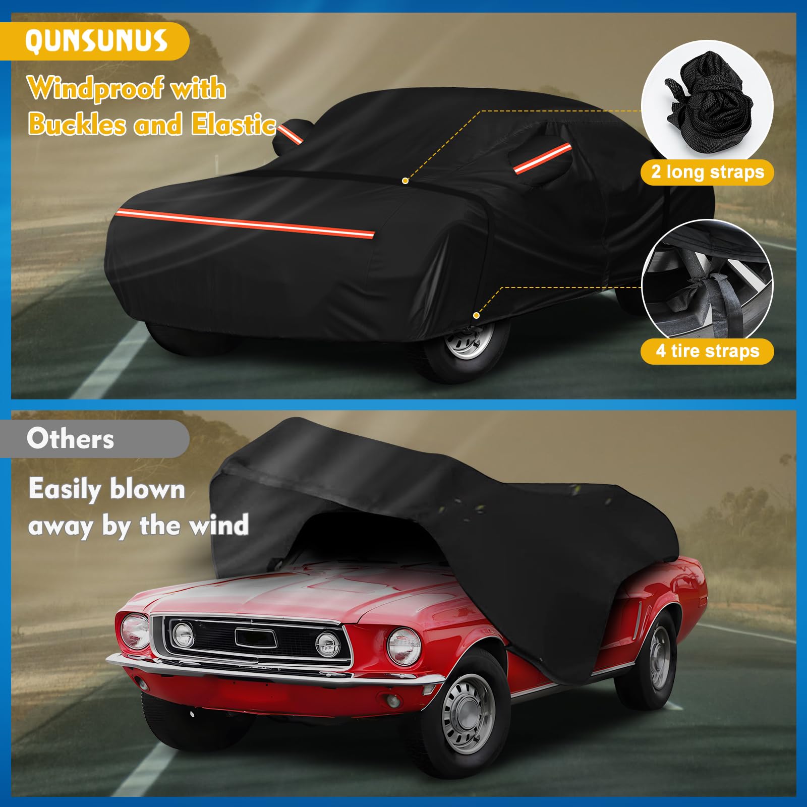 QUNSUNUS 6 Layer Car Cover for Ford Mustang 1964-1968 Waterproof All Weather 210D Windproof for Ford Mustang Car Cover Hail Prot