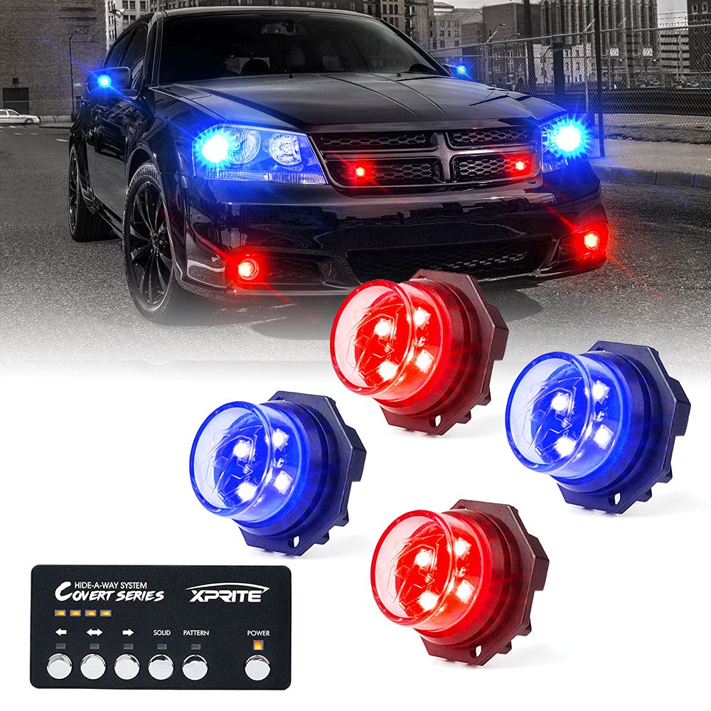 Xprite Red Blue Led Hideaway Strobe Police Lights Kit, 20 Flashing Patterns W/Control Panel For Headlights Taillights Hazard War