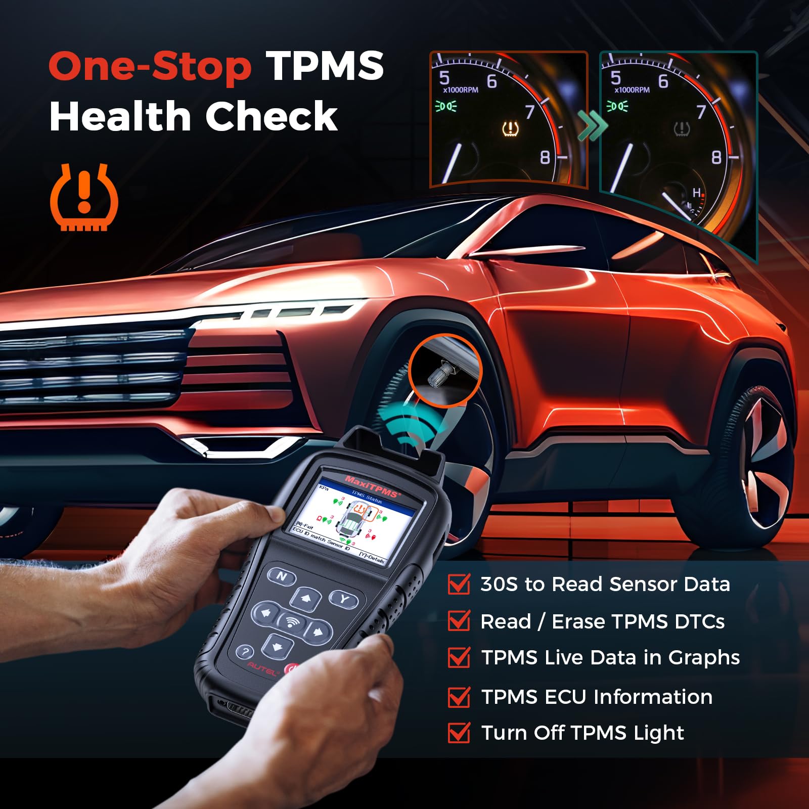 Autel MaxiTPMS TS408S, TPMS Programming Tool Upgrade of TS501 TS508, All Sensors Relearn Activate Tool, Program Autel MX-Sensor 315/433MHz, TPMS Reset Read Clear DTCs Lifetime Update