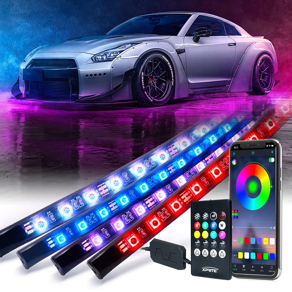 Xprite 4Pcs Underglow Led Lights For Cars, 8 Color Rgb 252 Leds Sound Active Function Music Mode Underglow Kit, Bluetooth App &