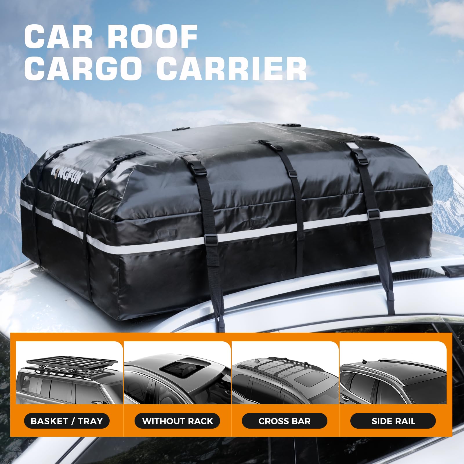 Kingfun Rooftop Cargo Carrier - Waterproof 20 Cubic Feet Car Roof Bag for All Vechicles with/Without Racks, Includes Anti-Slip M