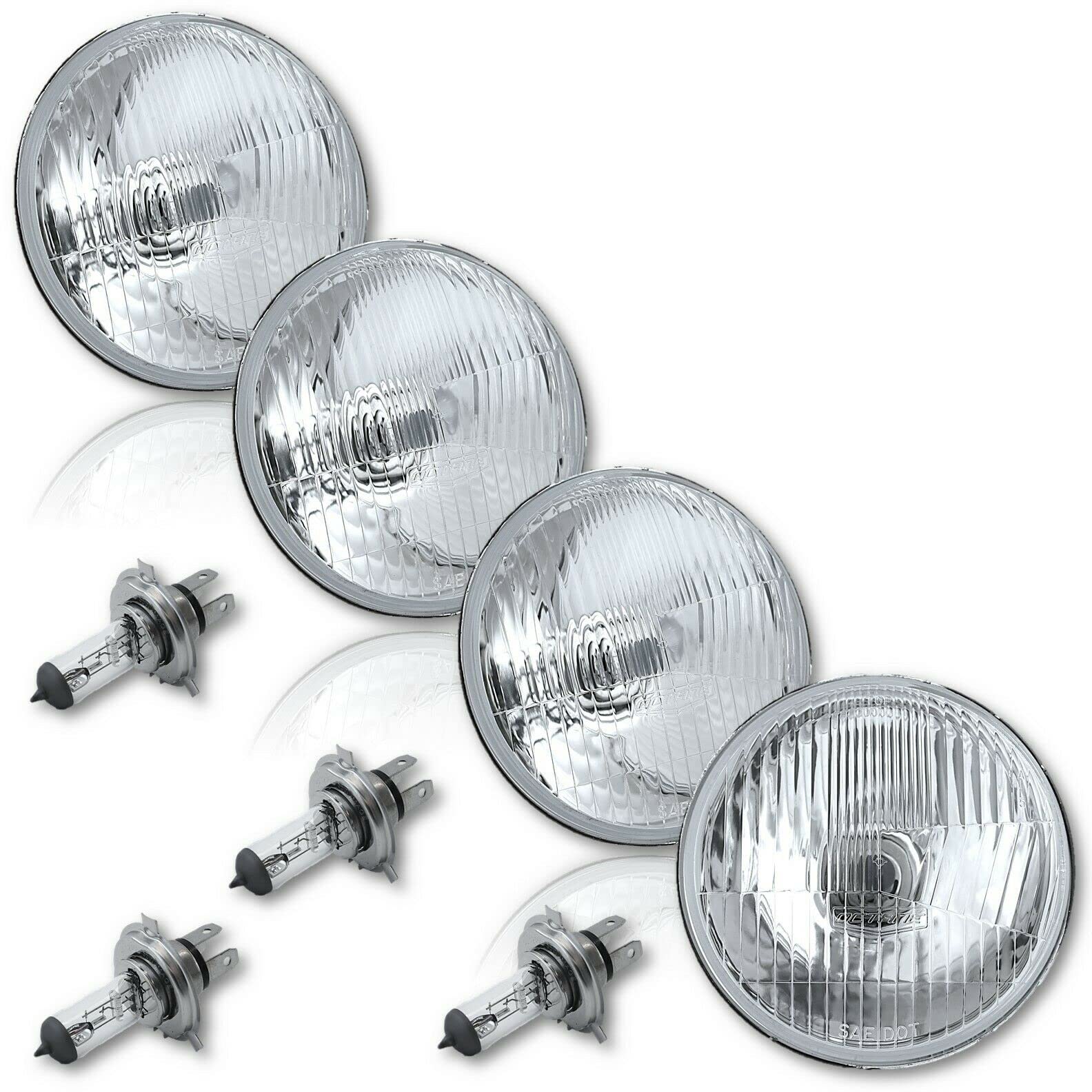 Octane Lighting 5-3/4 Stock Retro Style Glass Metal Headlight 55/60w Clear Halogen H4 Light Bulb Headlamp Set (60w Clear Halogen