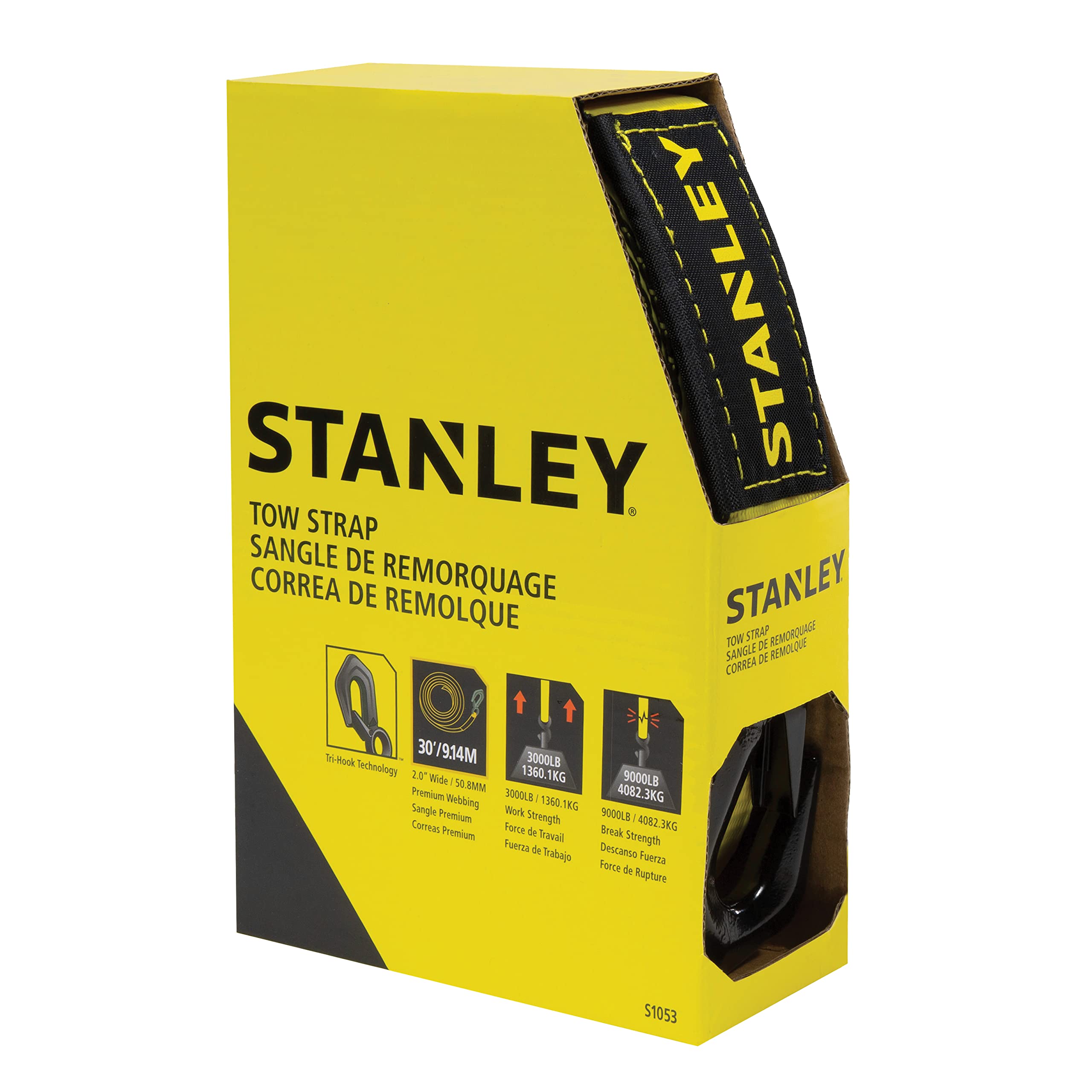 Stanley S1053 Black/Yellow 2'' X 30' Heavy-Duty Tow Strap With Black Forged Steel Hooks - 3,000 Safe Working Load / 9,000 Lb Bre