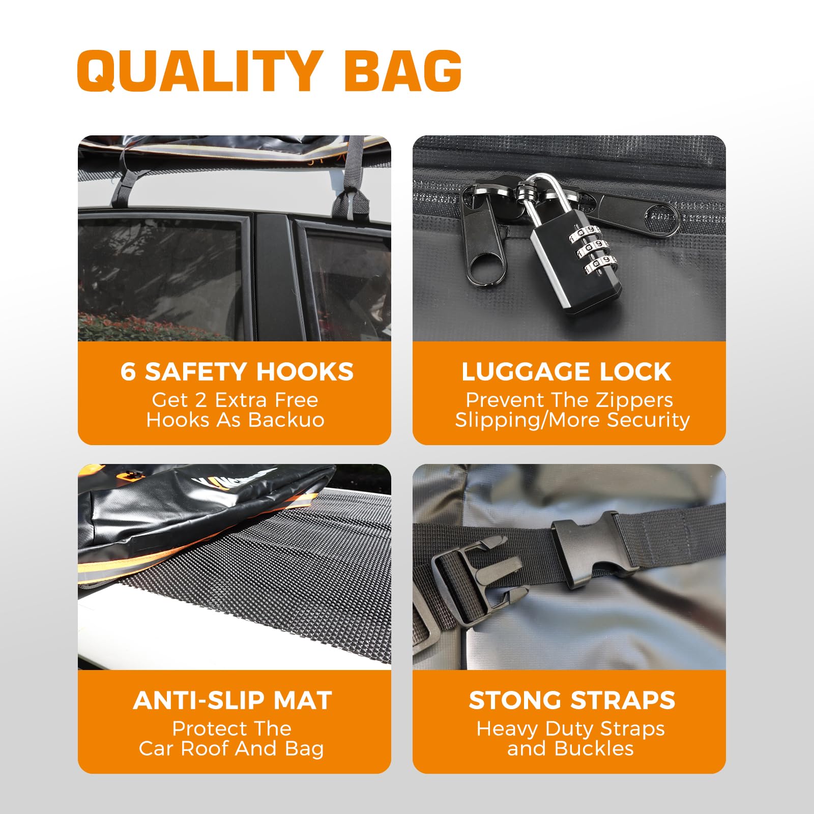 Kingfun Rooftop Cargo Carrier - Waterproof 15 Cubic Feet Car Roof Bag for All Vechicles with/Without Racks, Includes Anti-Slip M