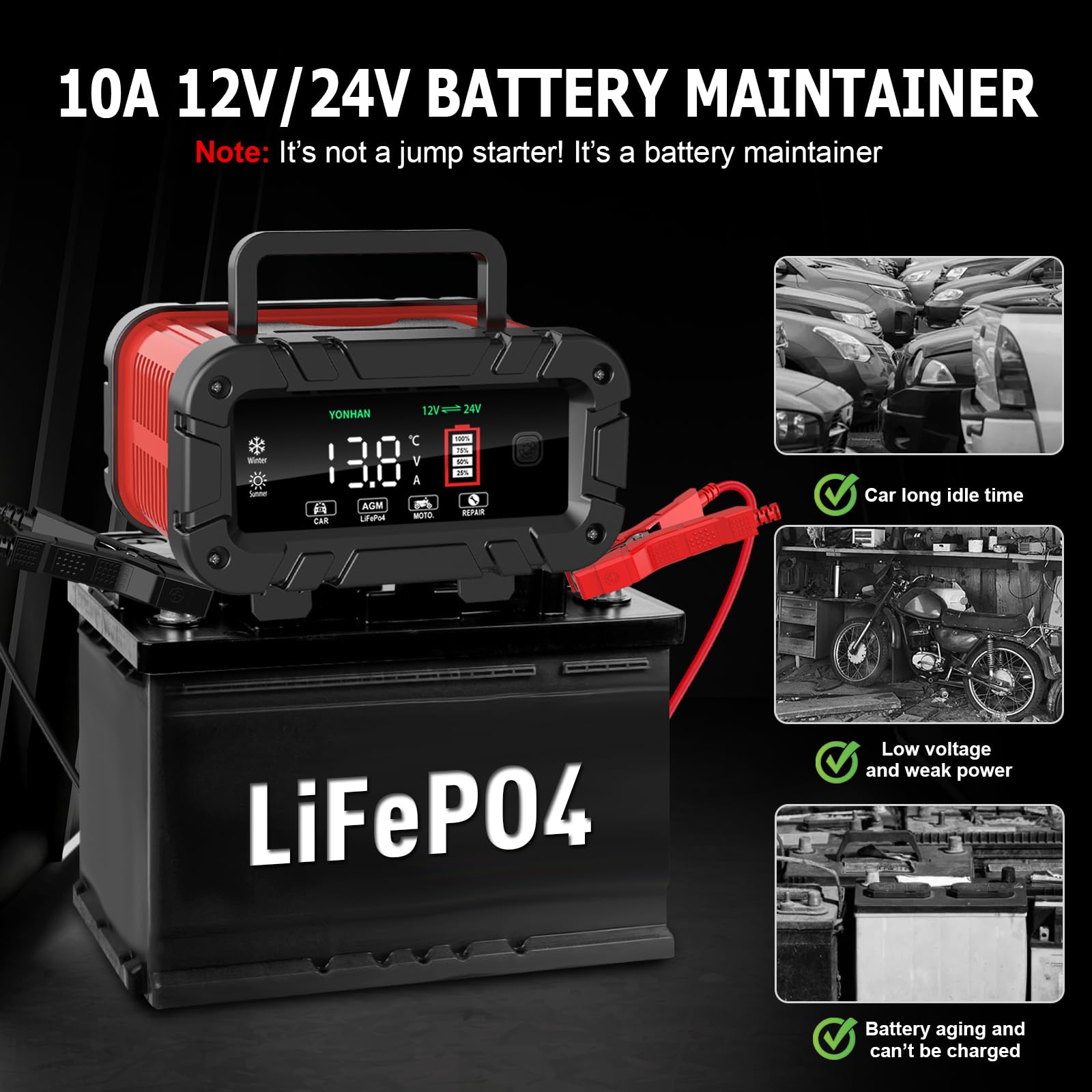 Yonhan Battery Charger 0-10 Amp, Upgraded 12V/24V Lifepo4 Lead Acid Portable Car Battery Charger W/Large Display Screen, Fully-Automatic Smart Trickle Charger Automotive, Battery Maintainer