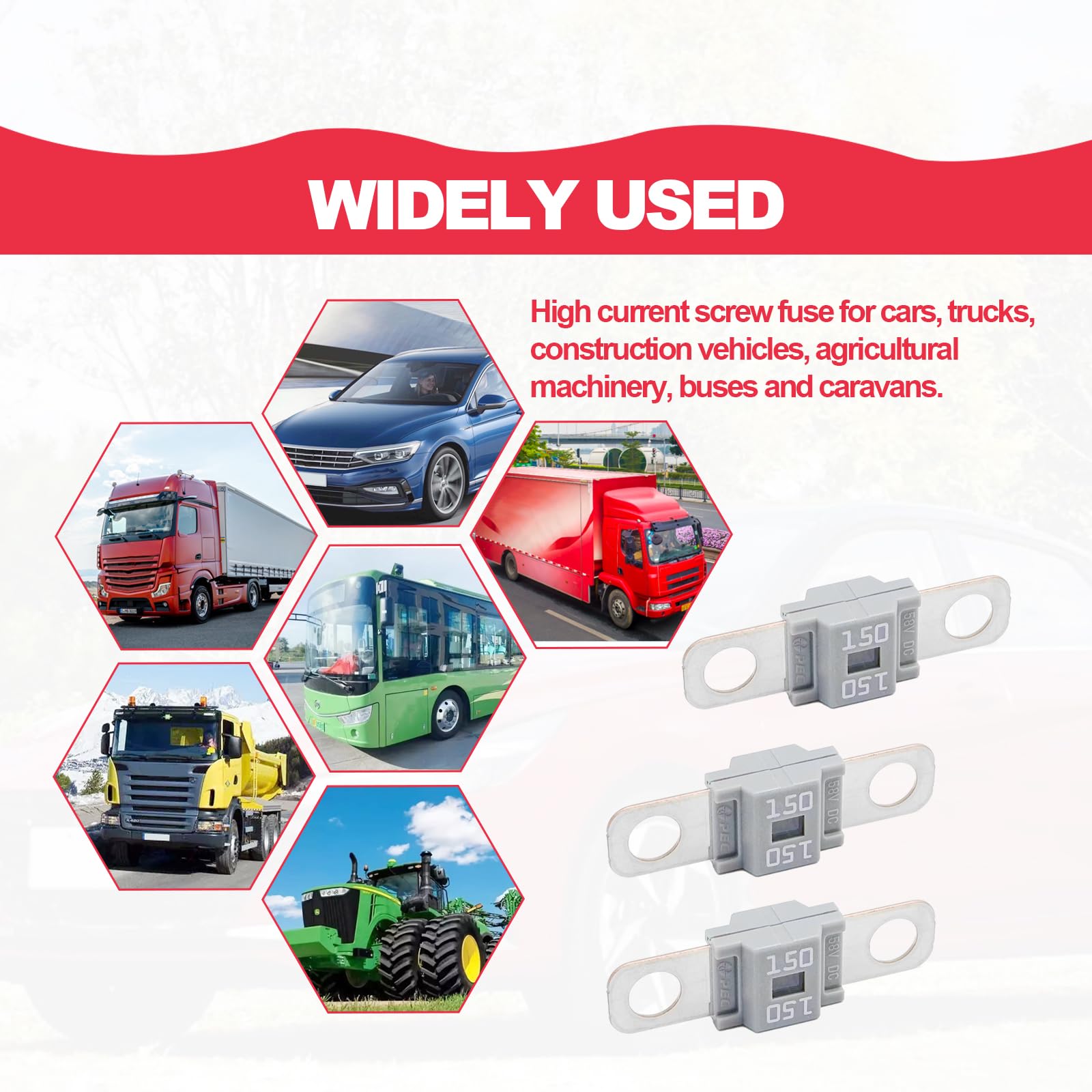 Pack of 3 AMI/Midi Fuse 150 Amp High Current Fuse Bolt-on Fuse, commonly used in cars, trucks, construction vehicles, agricultur