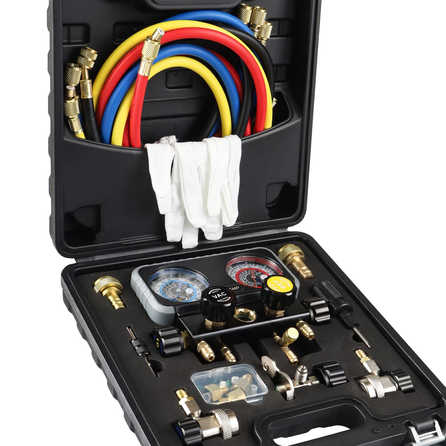 Lichamp AC R1234YF R134A Gauge Set, Automotive 4 Valve Manifold Gauge Compatible with R1234YF R134A and R404A Refrigerants, Work